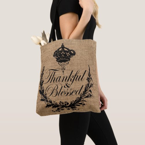 french country farm burlap thankful and blessed tote bag