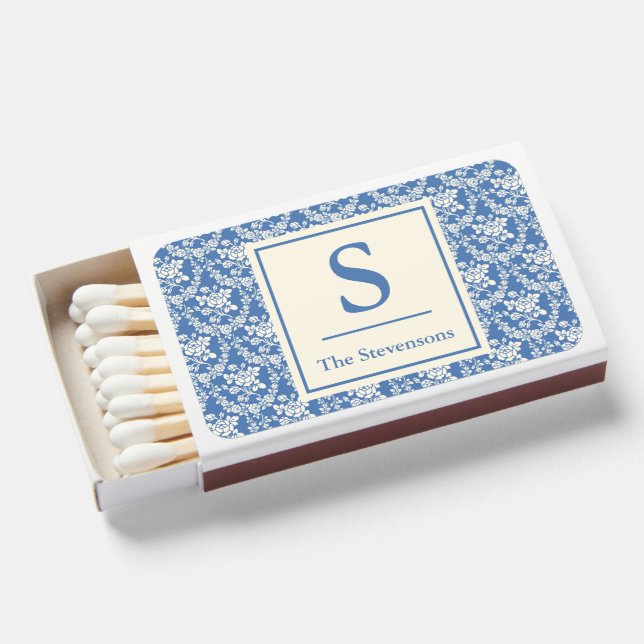 French Country Farmhouse Blue Floral Personalized  Matchboxes (Front Open)