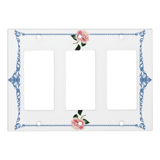 French Country Farmhouse Blue Pink Roses Light Switch Cover (Front)
