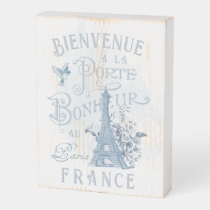 French Country Farmhouse Eiffel Tower Blue Paris Wooden Box Sign