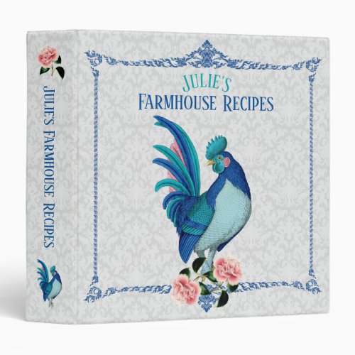 French Country Farmhouse Rooster Blue Teal Pink 3 Ring Binder