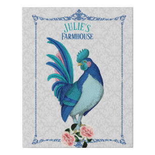 French Country Farmhouse Rooster Blue Teal Pink Faux Canvas Print