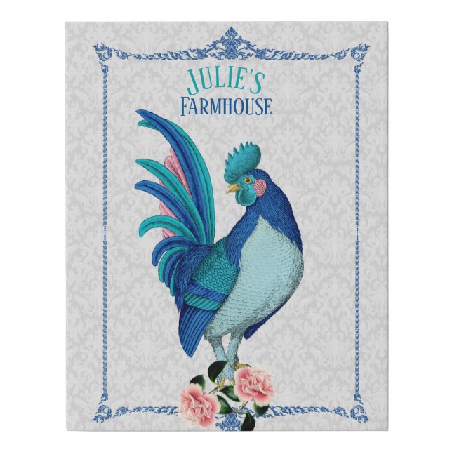 French Country Farmhouse Rooster Blue Teal Pink Faux Canvas Print (Front)