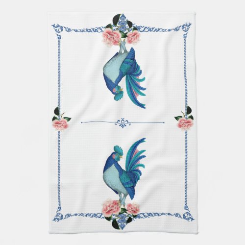 French Country Farmhouse Rooster Blue Teal Pink Kitchen Towel