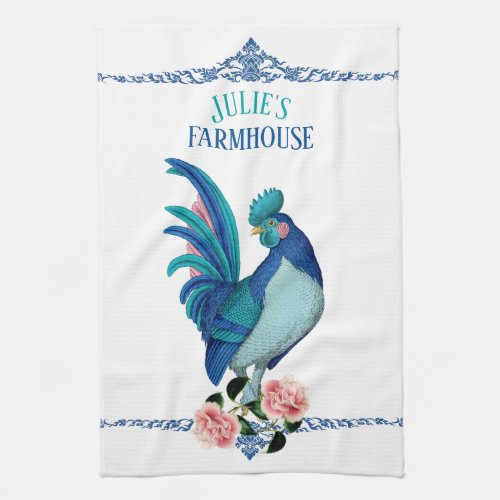 French Country Farmhouse Rooster Blue Teal Pink Kitchen Towel