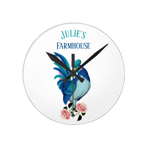 French Country Farmhouse Rooster Blue Teal Pink Round Clock