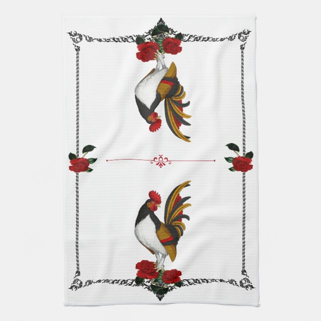 French Country Farmhouse Rooster Red Black Gold Kitchen Towel (Vertical)