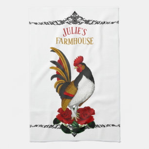 French Country Farmhouse Rooster Red Black Gold Kitchen Towel