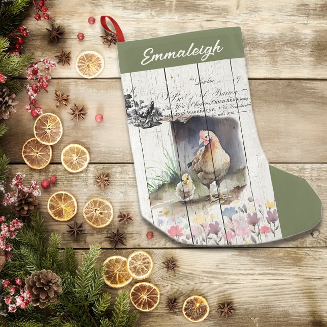 French Country Floral Plymouth Rock Chickens Small Christmas Stocking (Creator Uploaded)