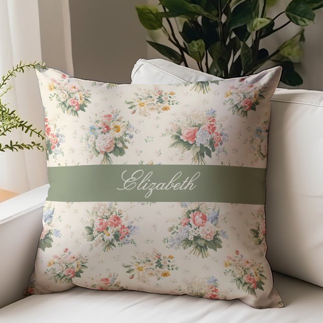 French Country Floral Script Monogram Name Cream Throw Pillow (Creator Uploaded)