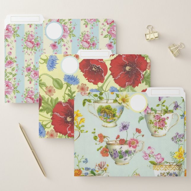 French Country Floral Tea Cups n Poppies  File Folder (Set)