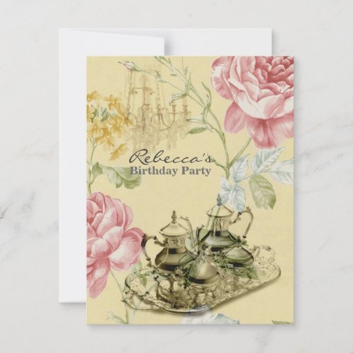 elegant  tea cup vintage floral birthday party invite