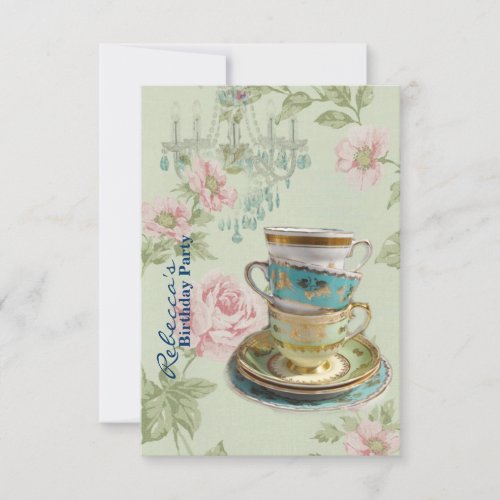 elegant chandelier tea cup  vintage birthday party announcement