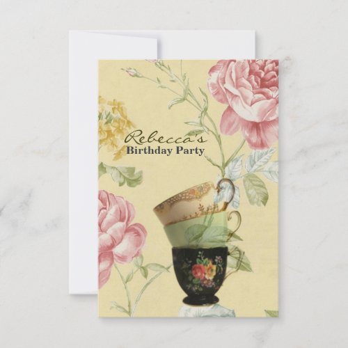 elegant tea cup vintage floral birthday party personalized invitation