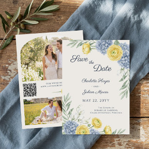 French Country Garden Blue Hydrangea Photo QR Save The Date