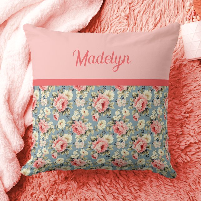 French Country Garden Floral Pink Monogram Name Throw Pillow (Creator Uploaded)