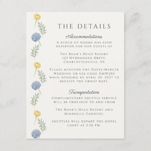 French Country Garden Hydrangea Wedding Details Enclosure Card