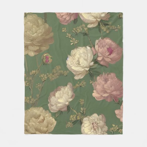 French Country Garden Victorian Peonies Fleece Blanket