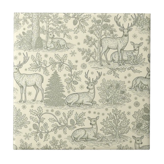 French Country Green Toile Deer Pattern Ceramic Tile (Front)