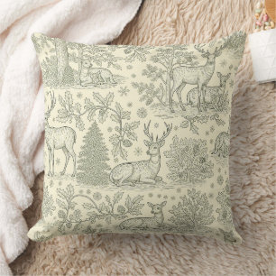 French Country Green Toile Deer Pattern Throw Pillow