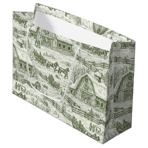 French Country Green Winter Toile Landscape Large Gift Bag