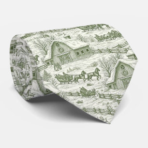 French Country Green Winter Toile Landscape Neck Tie