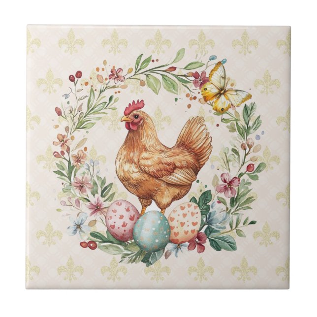 French Country Hen Fleur de Lis Tile Coaster (Front)
