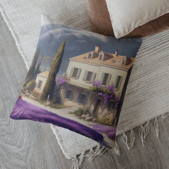 French Country House Lavender Flowers Mountains Outdoor Pillow (Creator Uploaded)