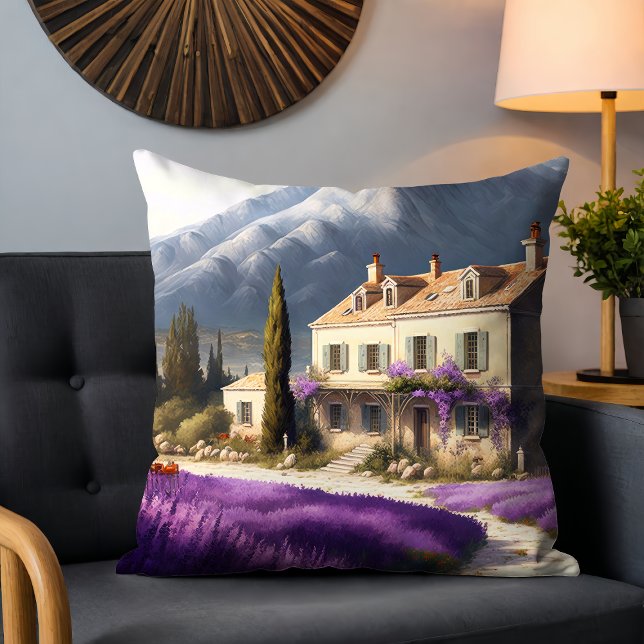 French Country House Lavender Flowers Mountains Throw Pillow (Creator Uploaded)