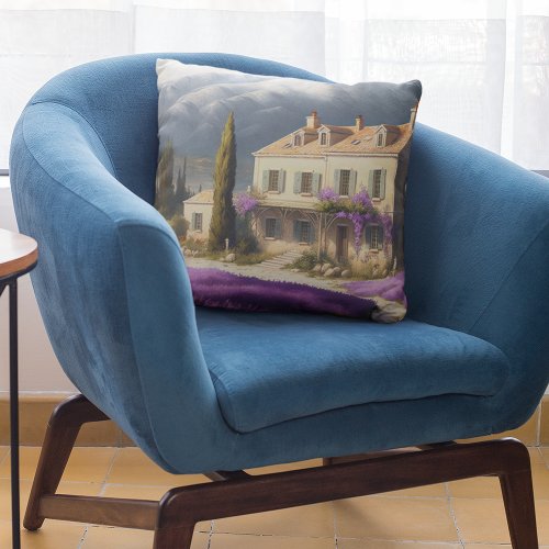 French Country House Lavender Flowers Mountains Throw Pillow