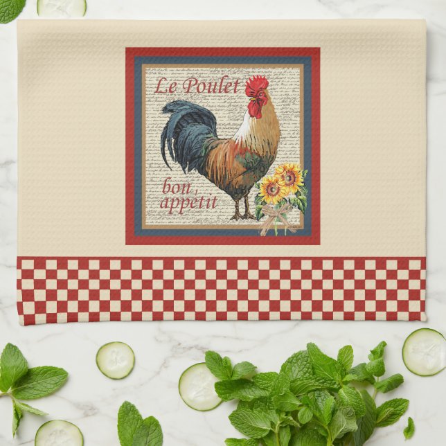 French Country Kitchen Rooster Red Checkerboard Towel (Folded)