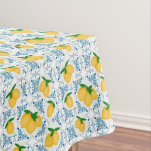 French Country Lemon Blue Floral Tile Pattern Tablecloth
