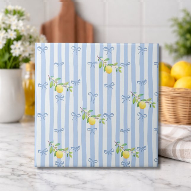 French Country Lemon  – Blue Stripe Bow Ceramic Tile (Creator Uploaded)