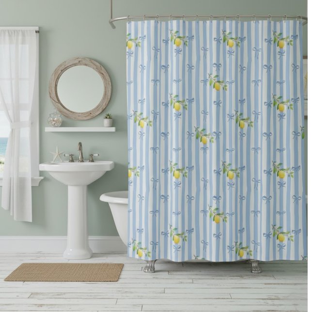 French Country Lemon – Blue Stripe Bow Pattern Shower Curtain (Creator Uploaded)