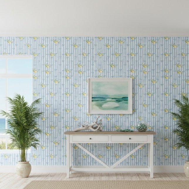 French Country Lemon  Blue Stripe Bow Pattern Wallpaper (Creator Uploaded)