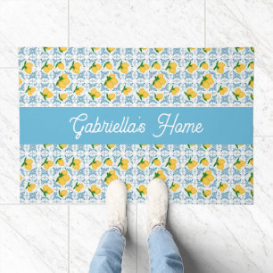 French Country Lemon Blue Tile Monogram Doormat