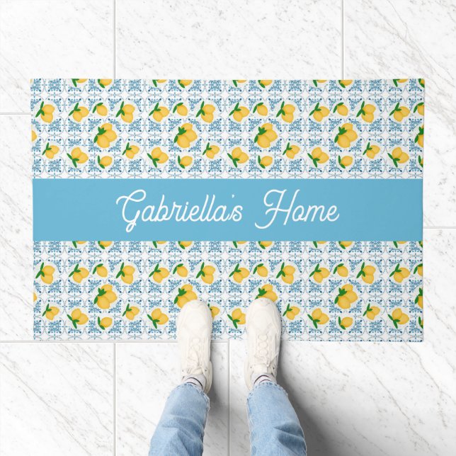 French Country Lemon Blue Tile Monogram Doormat (Indoor)