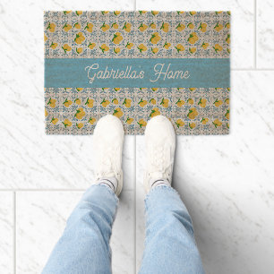 French Country Lemon Blue Tile Monogram Fiber Doormat