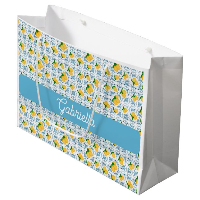French Country Lemon Blue Tile Monogram Name Large Gift Bag (Front Angled)