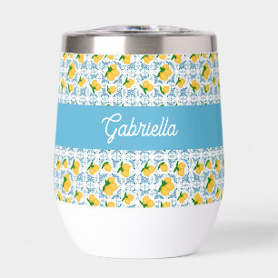 French Country Lemon Blue Tile Monogram Thermal Wine Tumbler