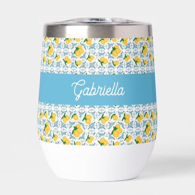 French Country Lemon Blue Tile Monogram Thermal Wine Tumbler (Front)