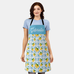 French Country Lemon Blue Tile Pattern Apron