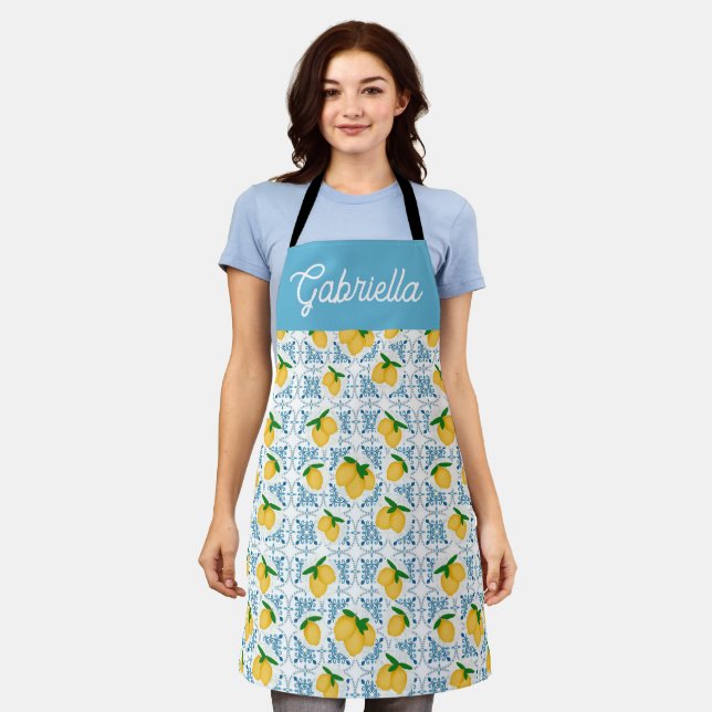 French Country Lemon Blue Tile Pattern Apron (Worn)