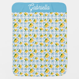 French Country Lemon Blue Tile Pattern Baby Blanket