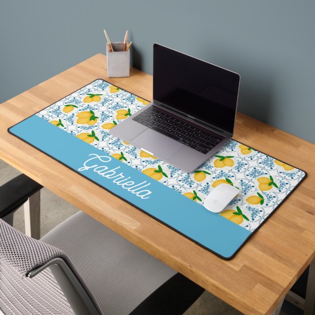 French Country Lemon Blue Tile Pattern Desk Mat (Office 2)