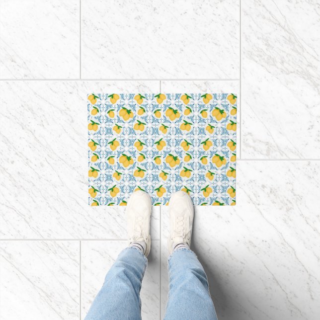 French Country Lemon Blue Tile Pattern Doormat (Indoor)