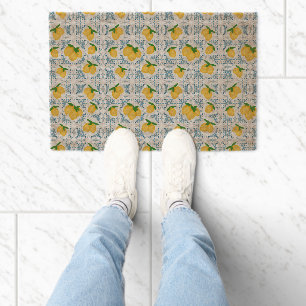 French Country Lemon Blue Tile Pattern Fiber Doormat