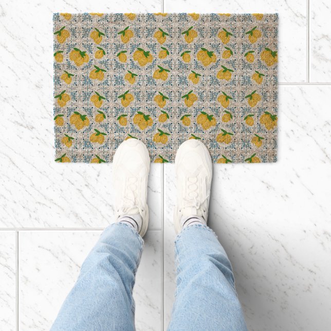 French Country Lemon Blue Tile Pattern Fiber Doormat (Insitu)