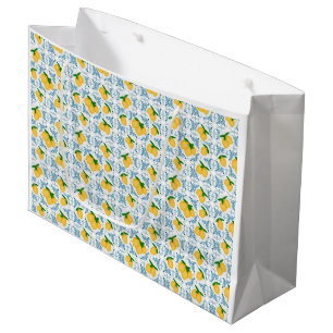 French Country Lemon Blue Tile Pattern Large Gift Bag