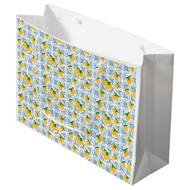 French Country Lemon Blue Tile Pattern Large Gift Bag (Front Angled)